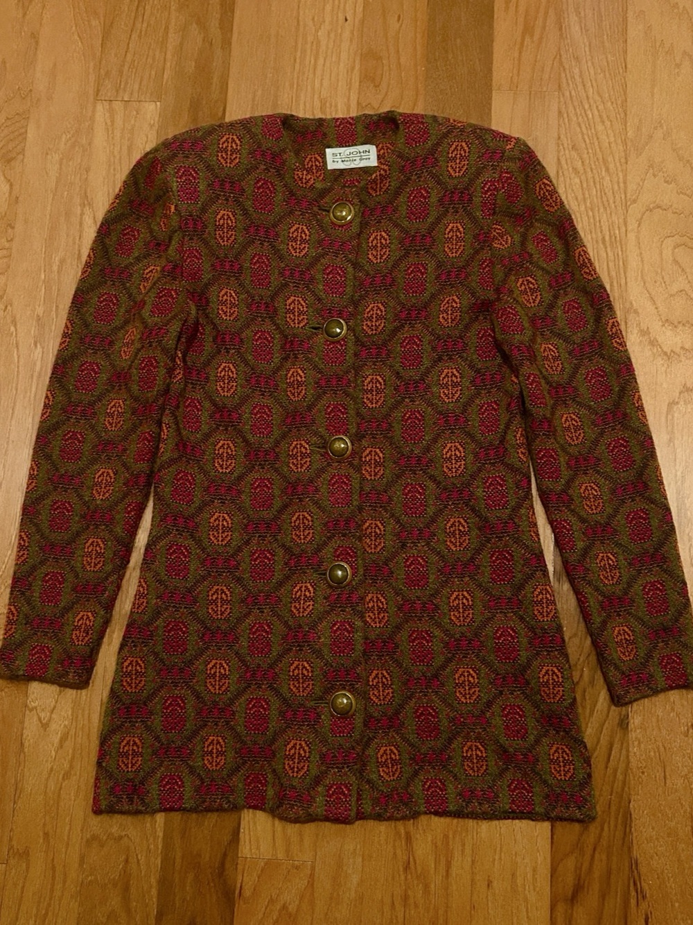 Vintage St John by Marie Gray Knit Jacket Pink Orange Pattern Gold Buttons